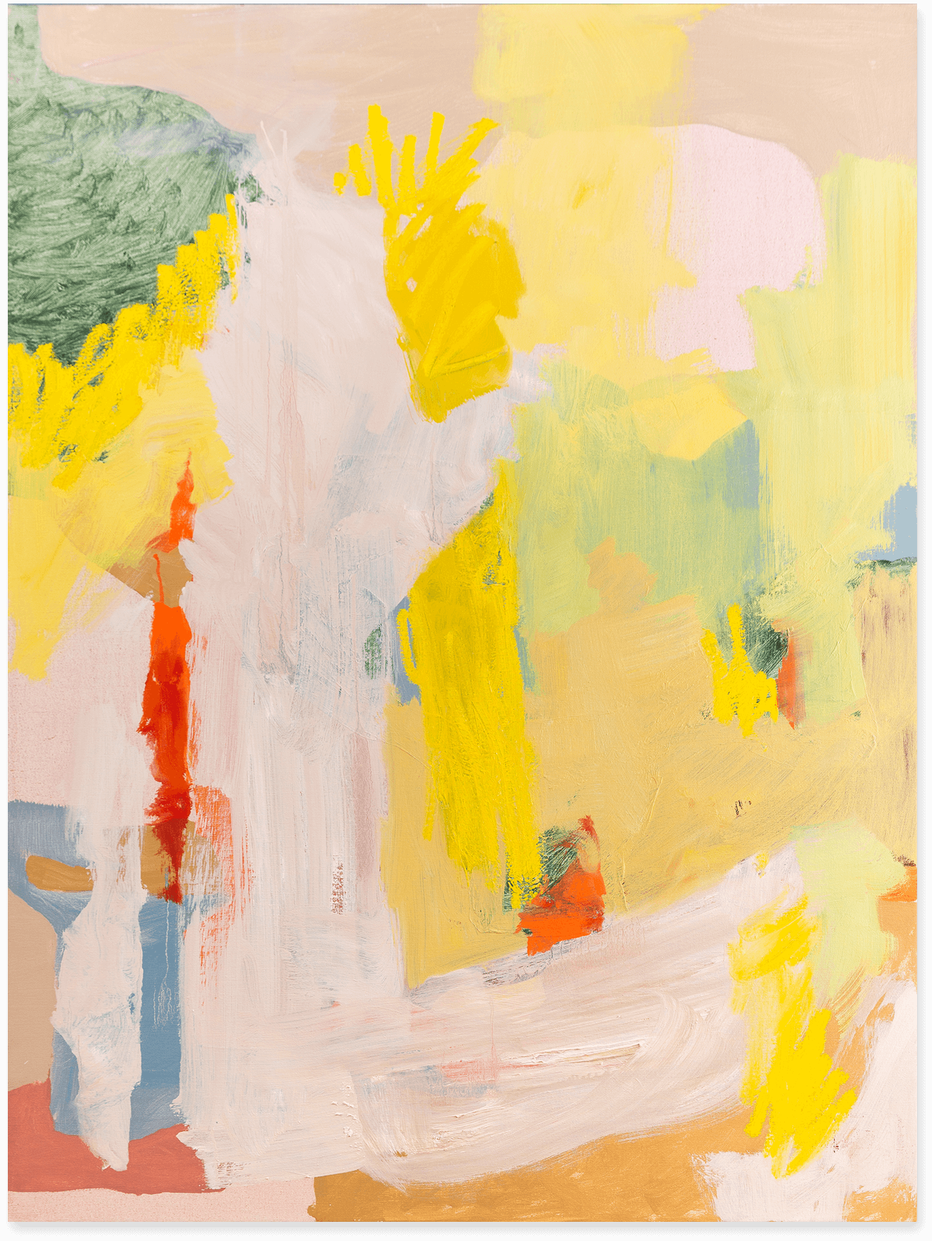 An abstract oil painting in ochre, yellow, white and green