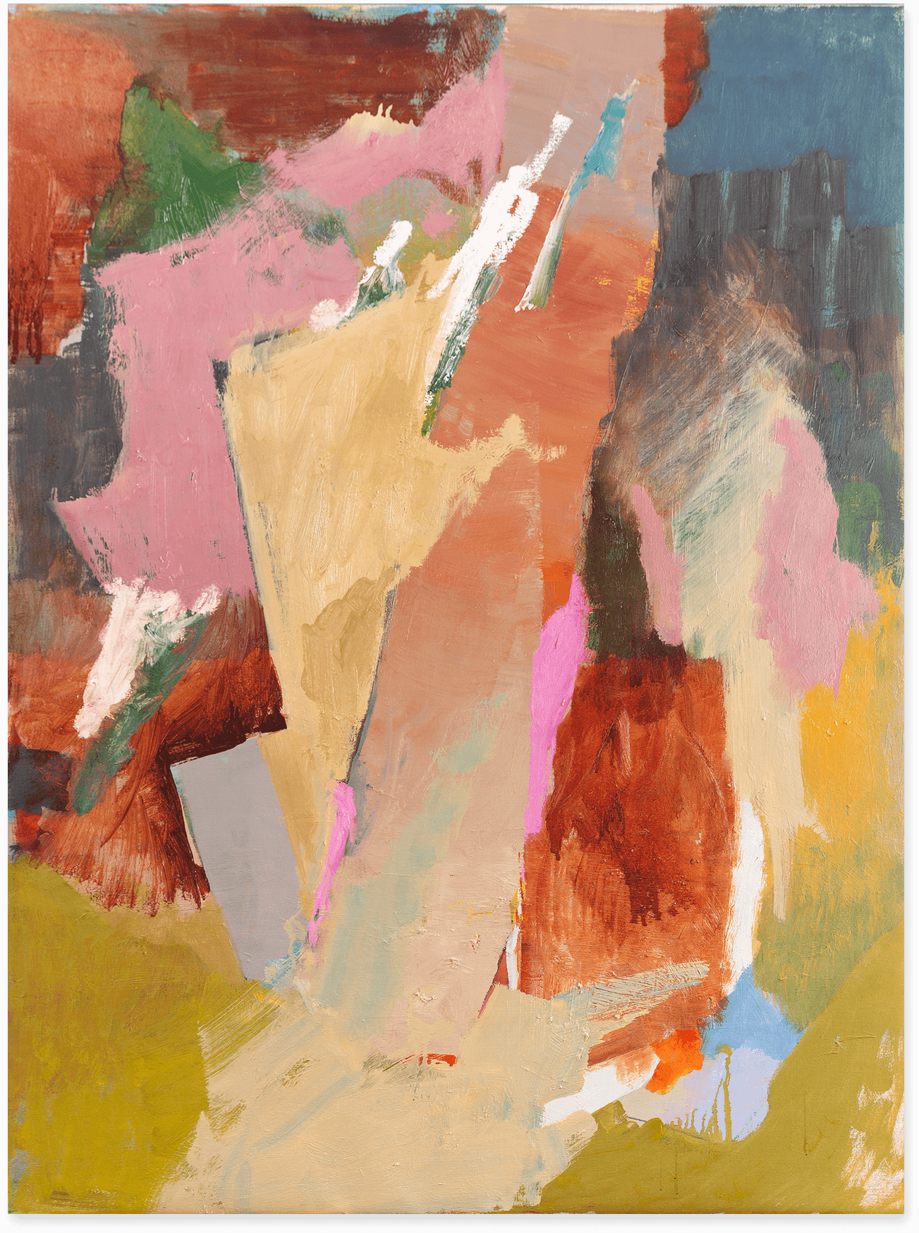 An abstract oil painting in earth tones, pink and white