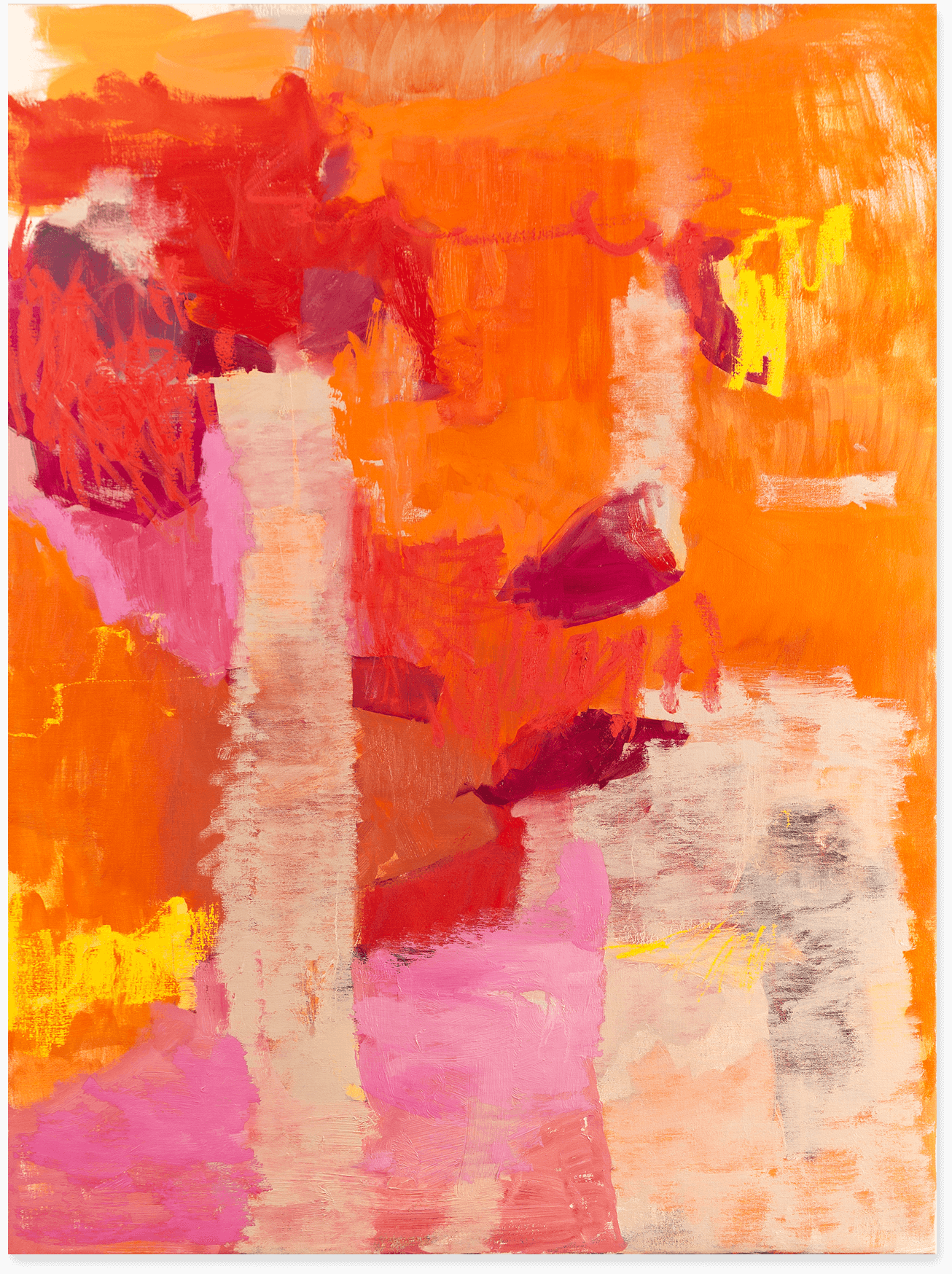 An abstract oil painting in red, pink, yellow and tan