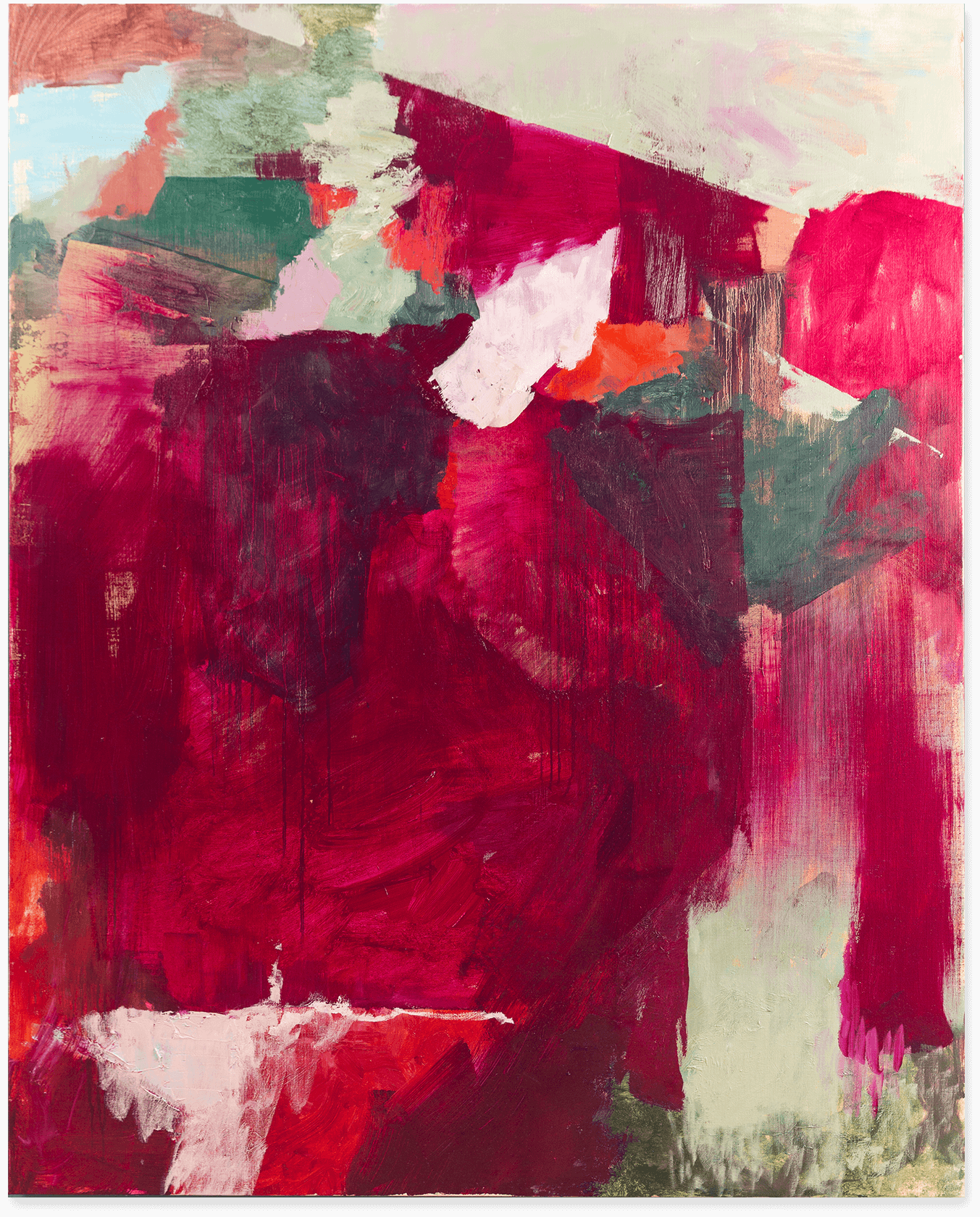 An abstract oil painting in greens, whites and transparent reds