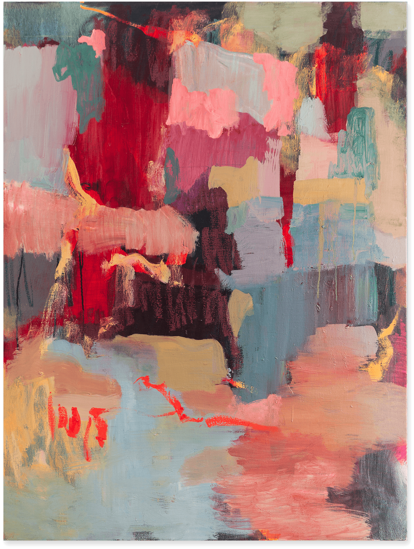 An abstract oil painting in blues, reds and pinks
