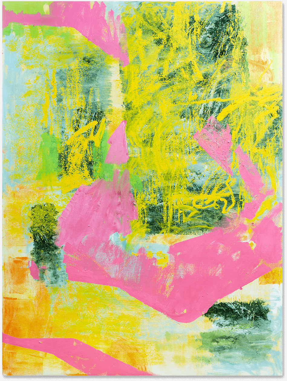 An abstract oil painting in yellow, green and pink