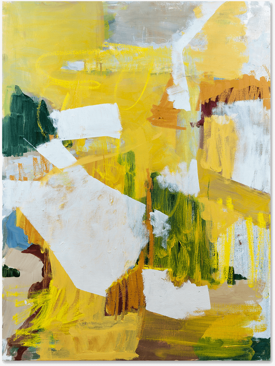 An abstract oil painting in ochre, yellow and green