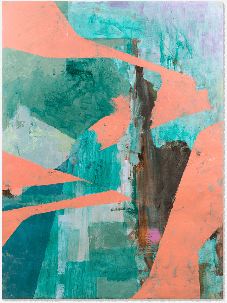 An abstract oil painting in blue-green and salmon pink