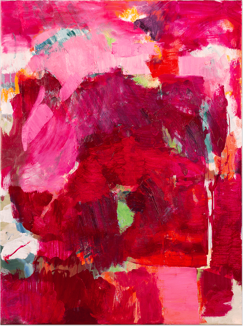 An abstract oil painting in reds and pinks, exploring transparency