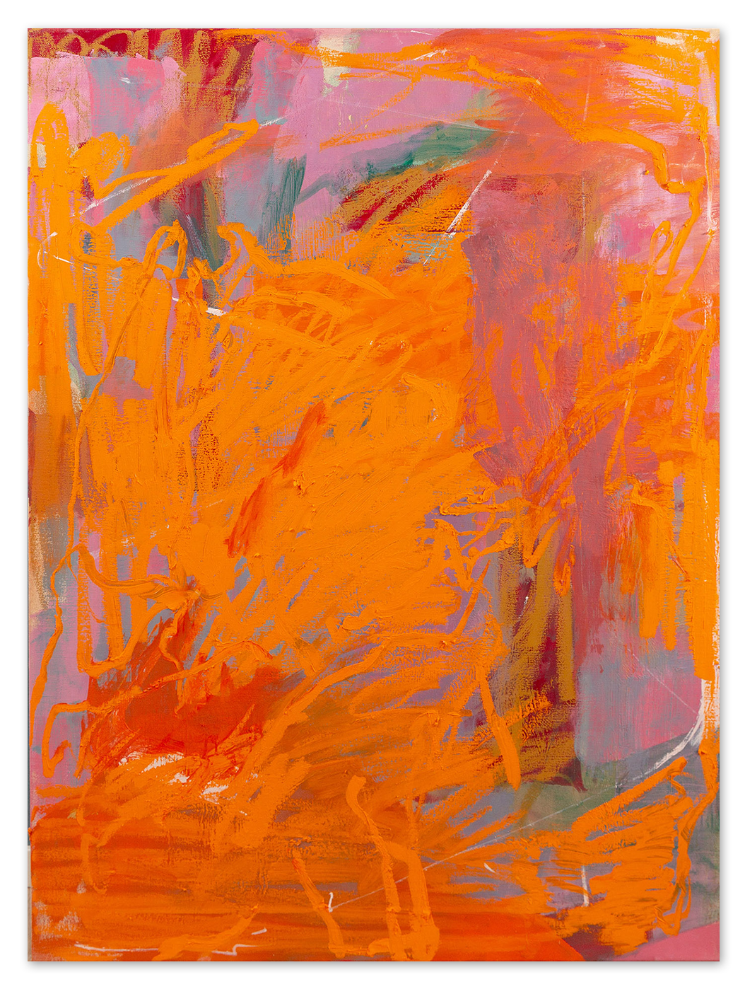An abstract oil painting in orange, ochre and white