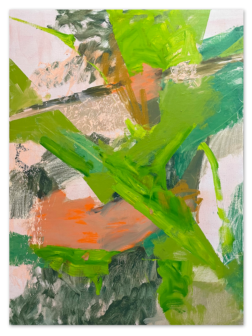An abstract oil painting in different shades of green