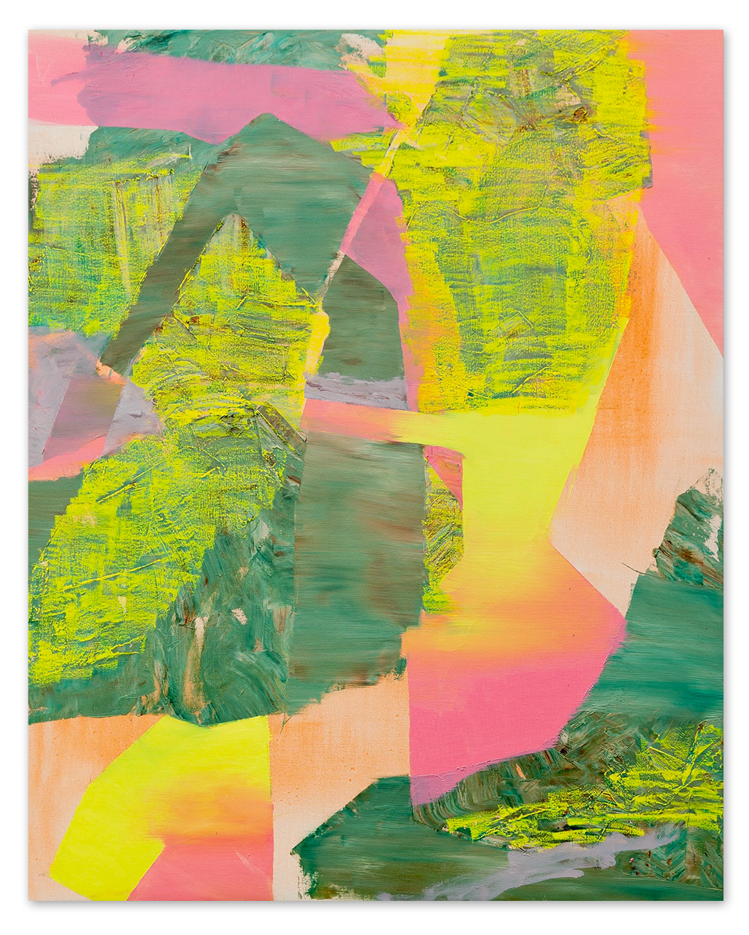 An abstract oil painting primarily in pink, but with many other interlaced colors
