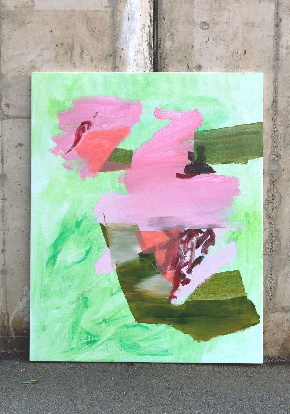 An abstract oil painting in greens and pinks, second in a series of three